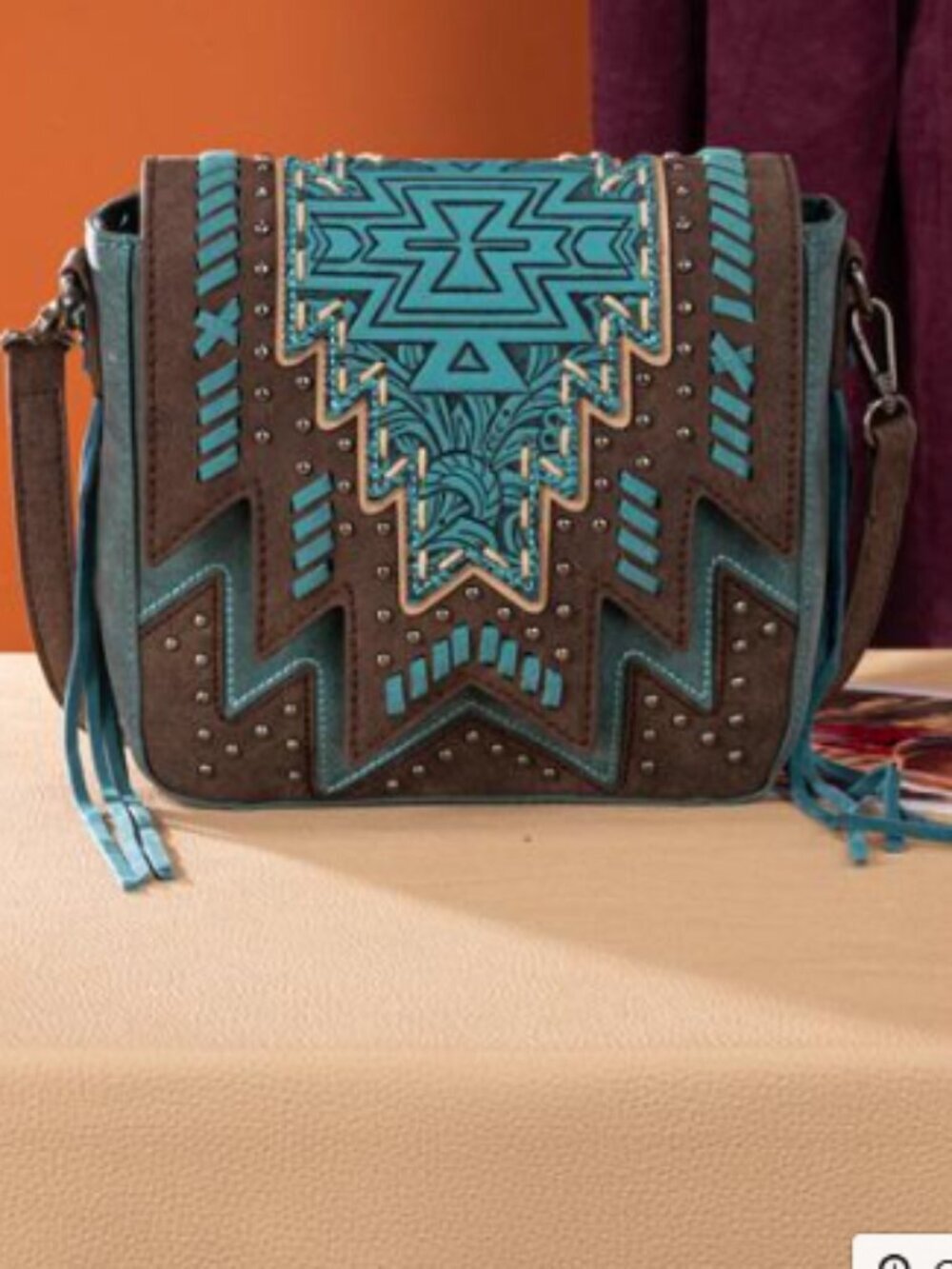 Montana West Turquoise Aztec Tooled Fringe Bag-Turquoise NWT